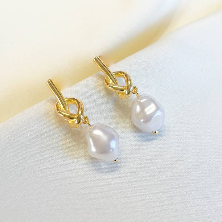 Melange Blanc - Vente Boucles d'oreilles pendantes - Boucles d’oreilles pendantes nœud d’amour avec perle d’eau douce7