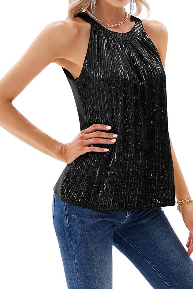 UNISHE – Großhandel Tanktop – Damen – Schwarzes Neckholder-Top mit Pailletten von UNISHE1
