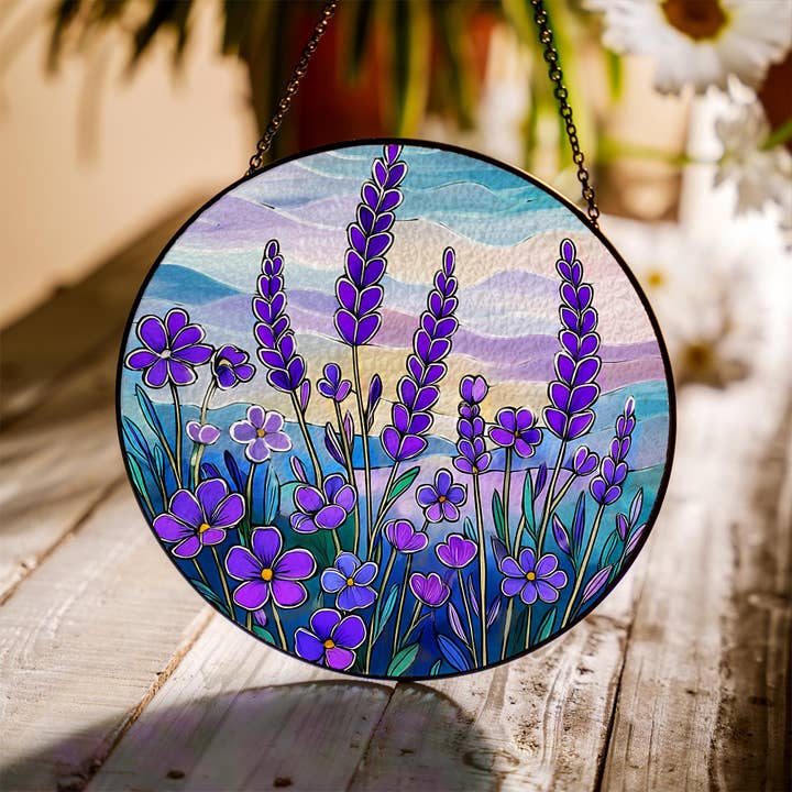 Attrape-soleil en verre avec fleur de lavande, décoration de fleur sauvage violette pour la vente par TMLECOM LTD