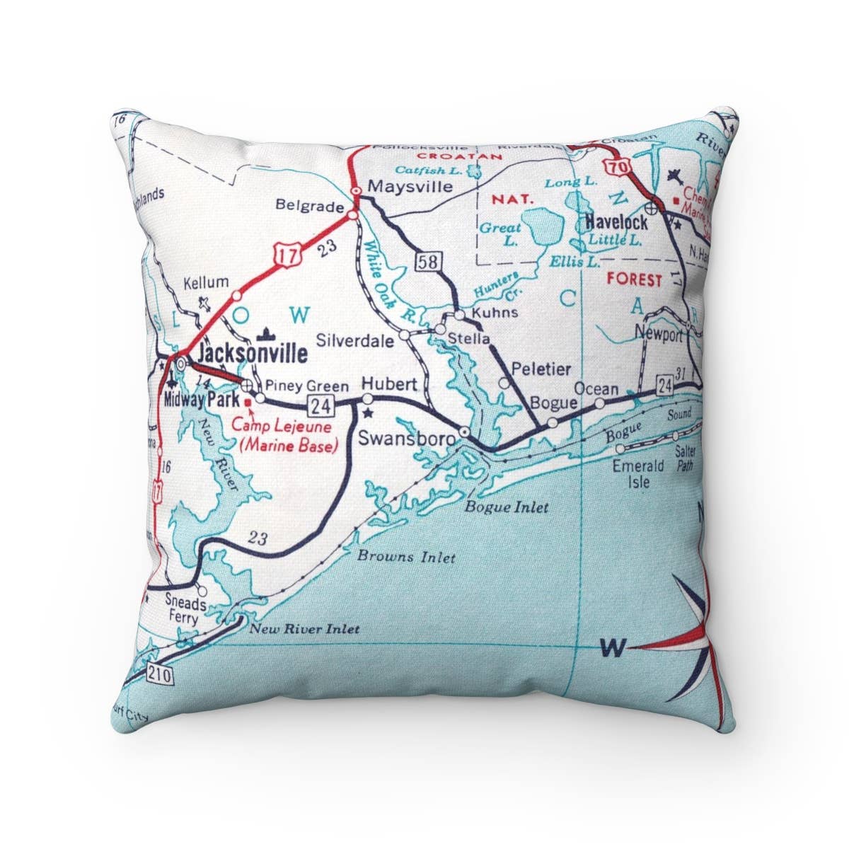 Daisy Mae Designs - Wholesale Throw/Decorative Pillow - Swansboro North Carolina Map Pillow