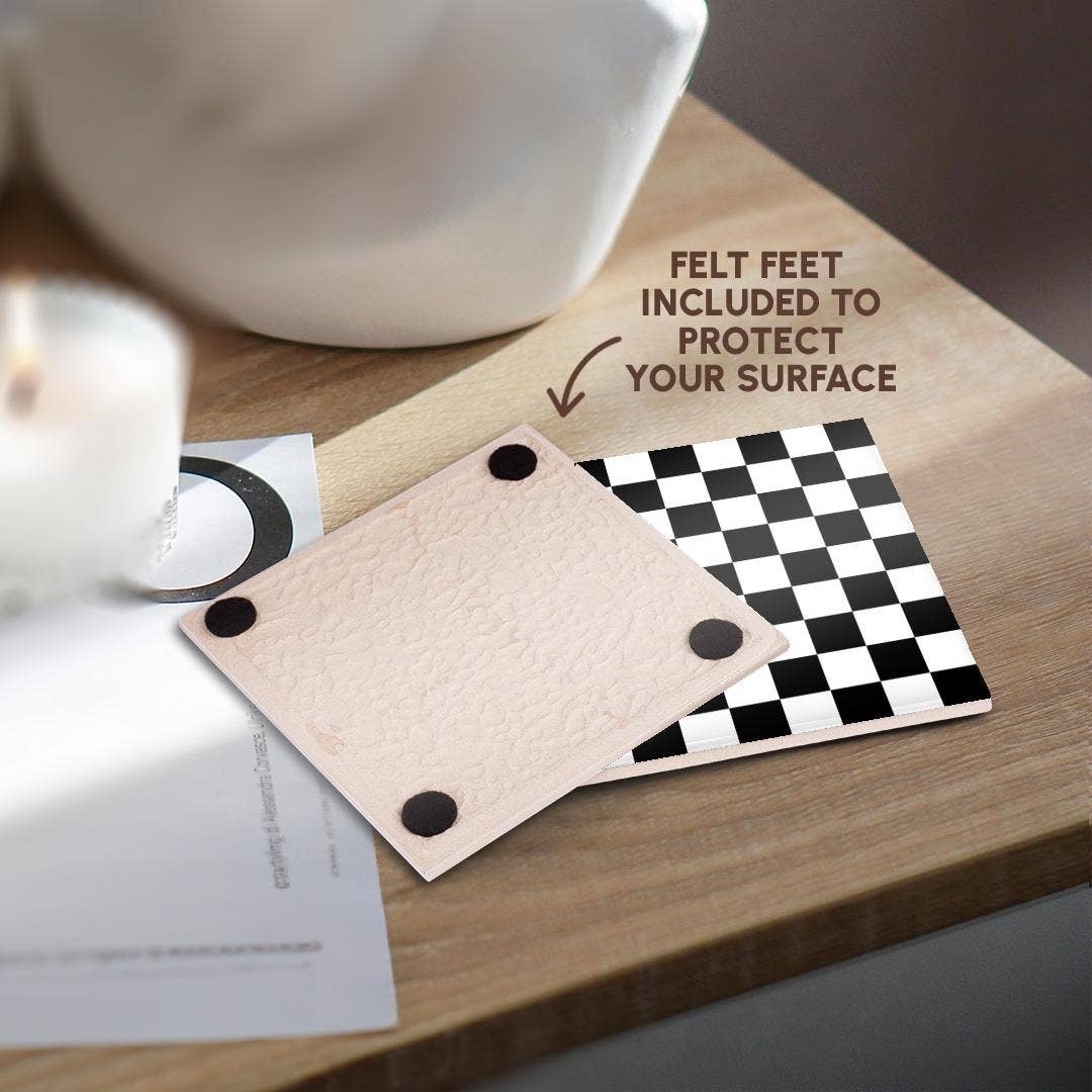 3dRose – wholesale Underlägg – 3dRose, Kontrollera svartvitt mönster - rutigt rutmönster schackbräde eller racingbilens tävlingsflagga, Glasunderlägg3