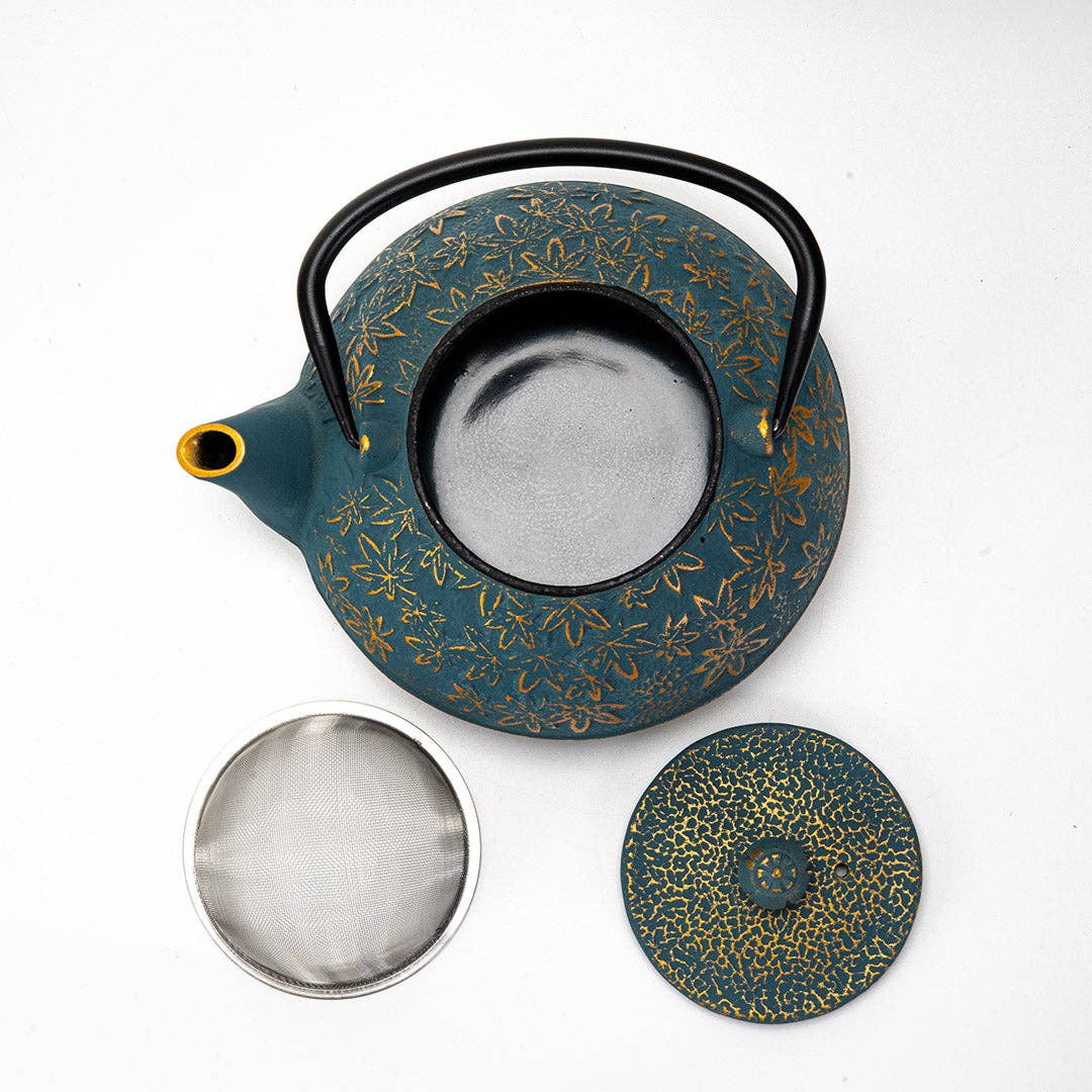 Urban Tokyo - Wholesale Tea Pot - Turquoise Maple Leaves Momiji Design 40oz Cast Iron Tea Pot (1/8)5