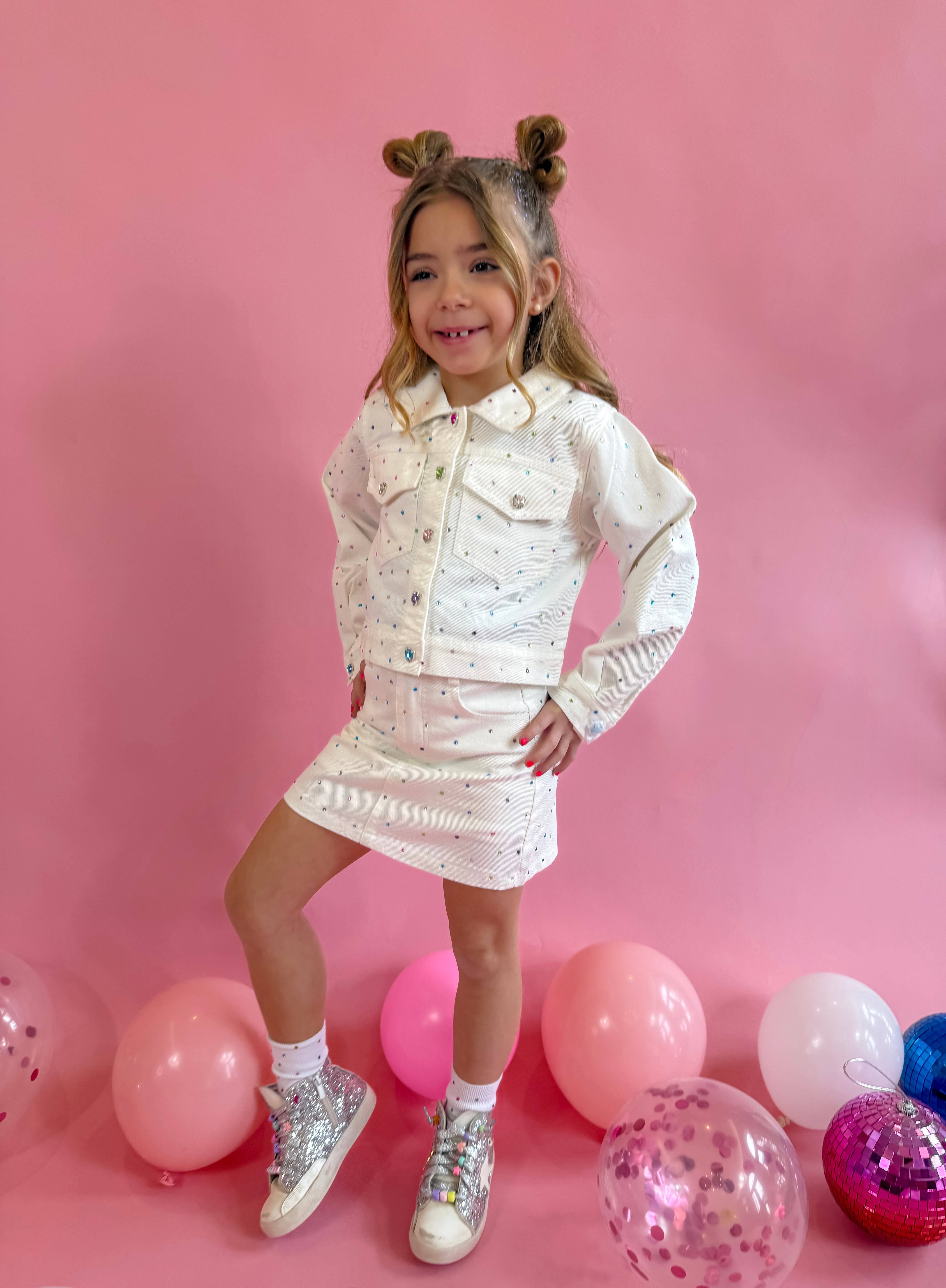 Ellie and Mila - Vente Ensemble haut et jupe – enfant - Ensemble Gemmes en Denim Blanc - Veste et Jupe tendance2
