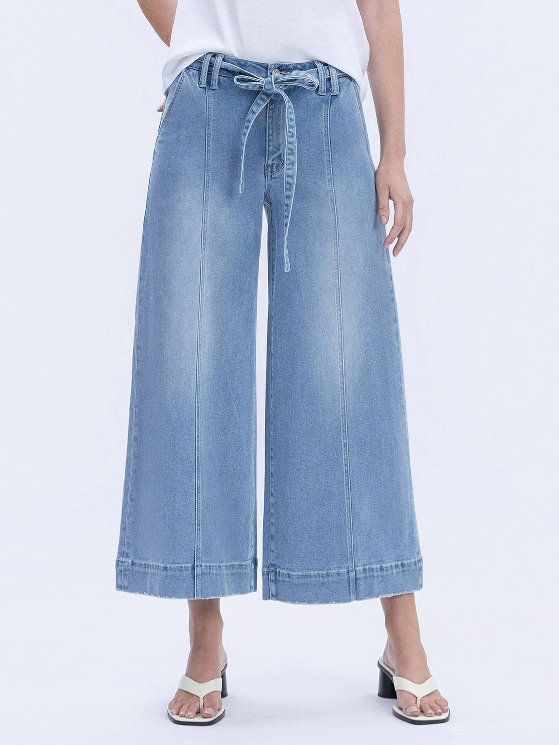 FLUSTER HIGH RISE TIE WAIST CROP PALAZZO JEANS T6906 for wholesale on Faire0