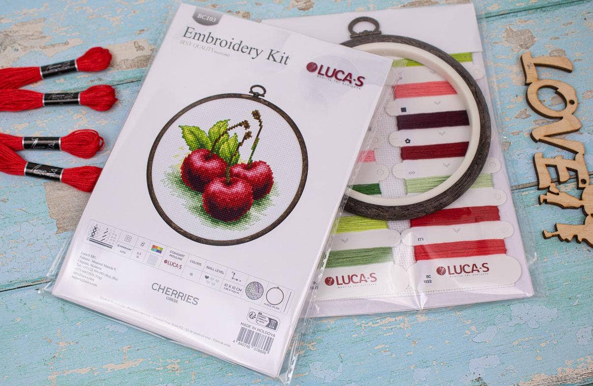 Luca-S - Wholesale Embroidery/Cross Stitch Supplies - Cross Stitch Kit with Hoop Included Luca-S - Cherries, BC1031