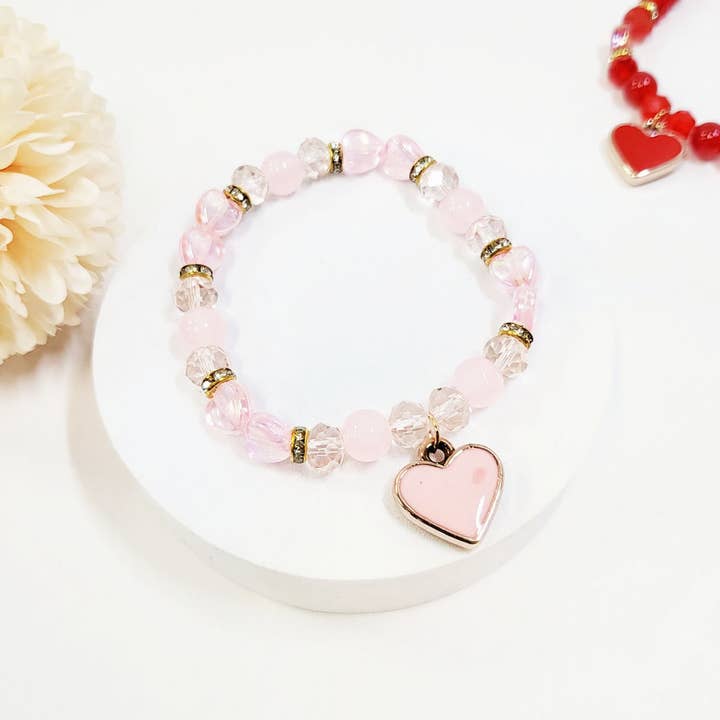 Assorted Color Heart Charm Beaded Stretch Bracelet for wholesale on Faire