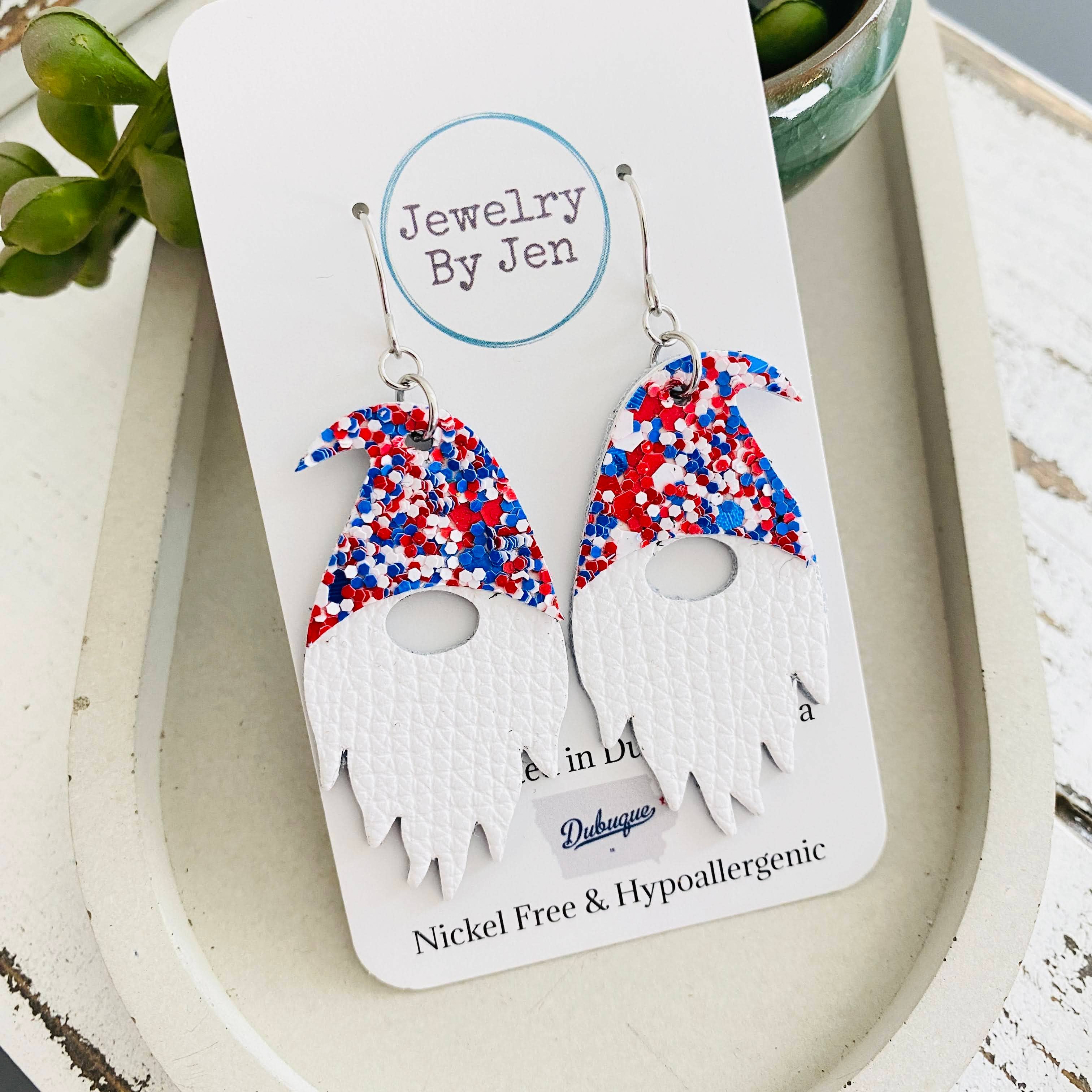 Jewelry By Jen - Wholesale Dangle Earrings - Gnome Earrings: Red, White & Blue Glitter Hat1