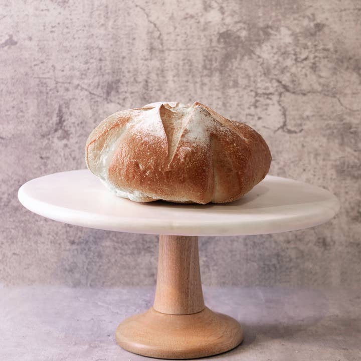 Med. Marble Round Cake Plate w/ Mango Wood Base 10"Dia for wholesale by BIDKhome