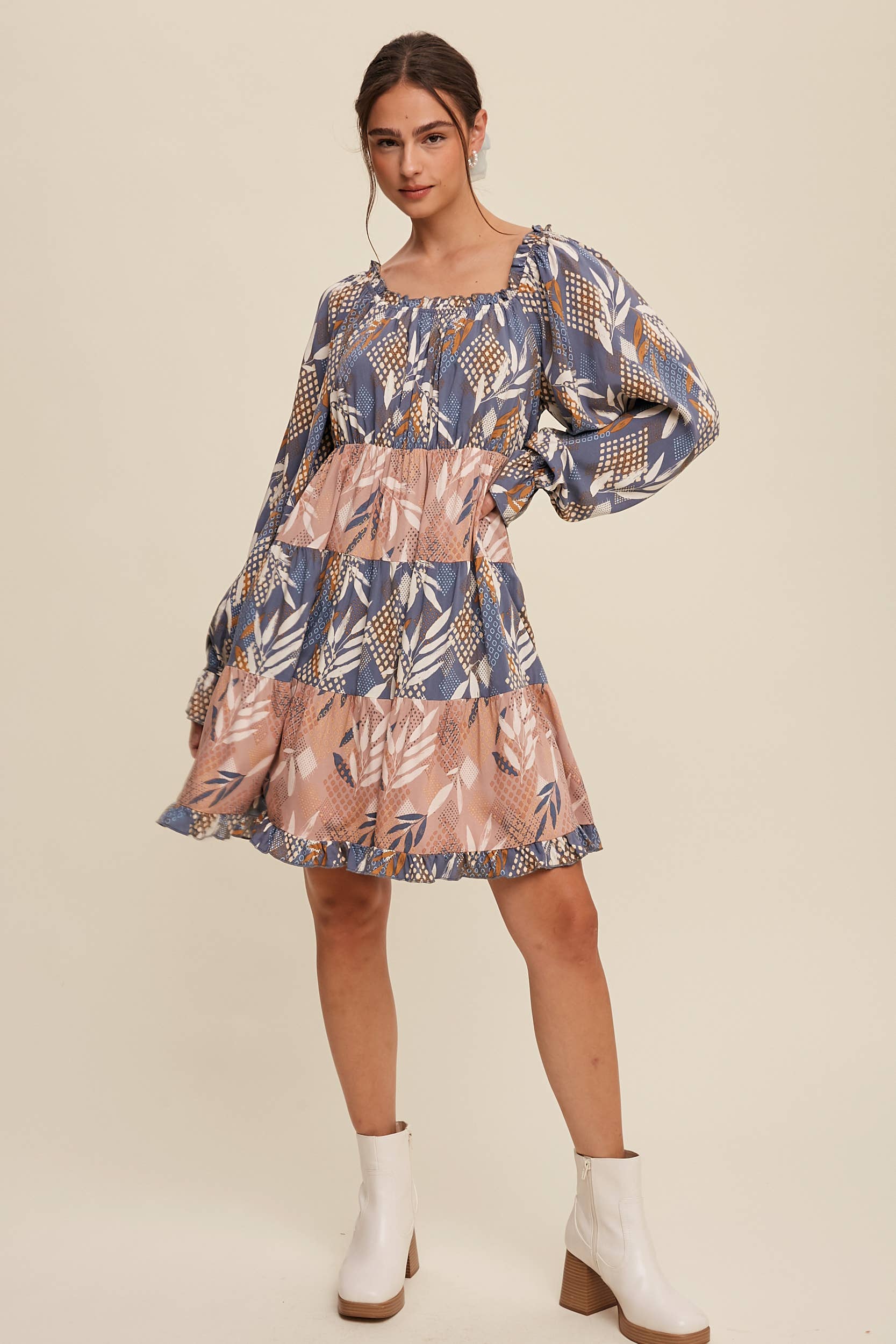 Listicle - Wholesale Dress - Women's - Patchwork Puff-Sleeve Tiered Mini Dress22