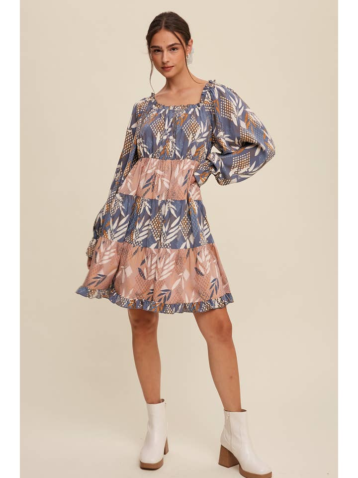 Listicle - Wholesale Dress - Women's - Patchwork Puff-Sleeve Tiered Mini Dress22