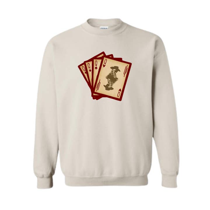 Königin der Herzen Cowgirl Spielkarten Erwachsenen-Crewneck für den Großhandel von Sage & Soil