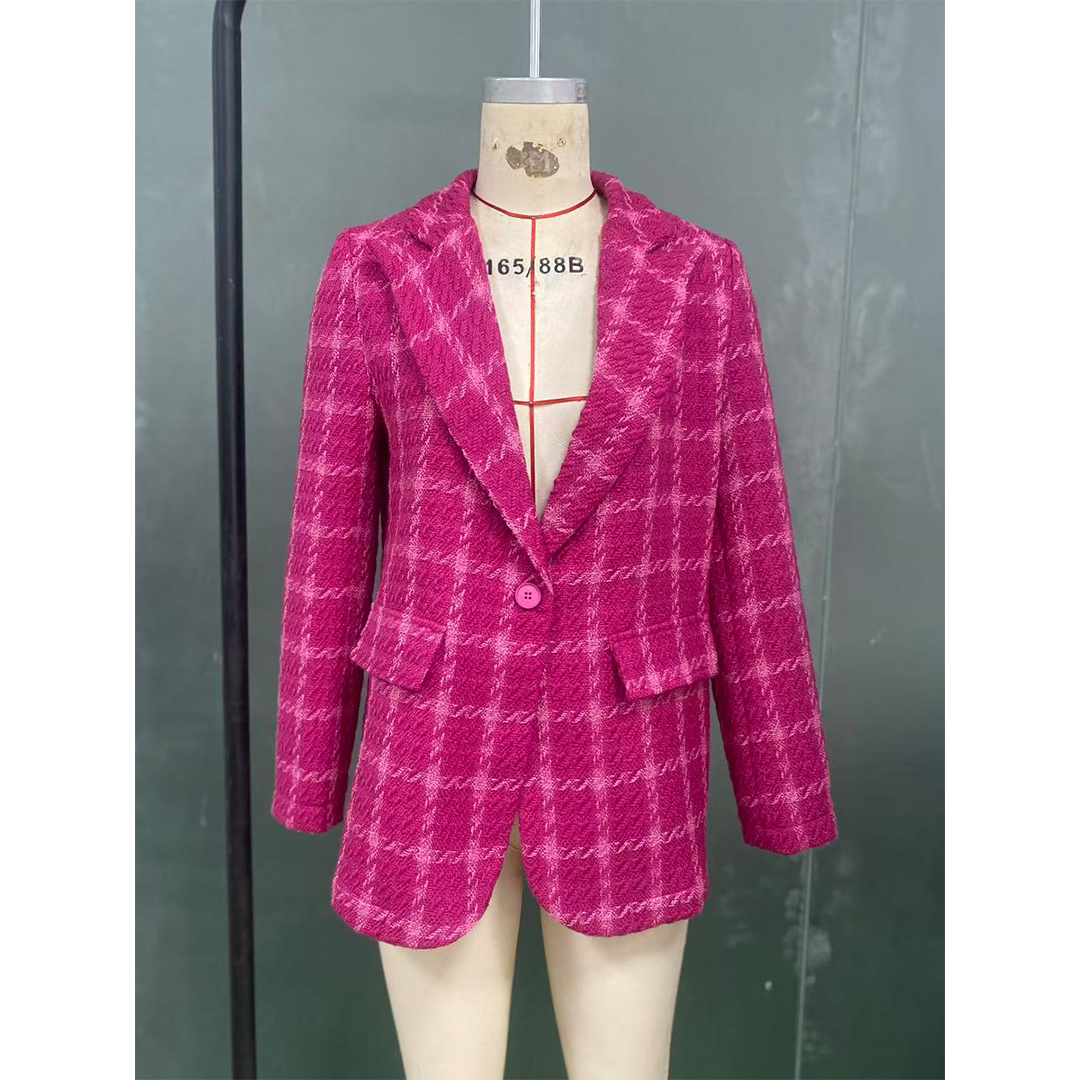 Rose Red Fall Winter Plaid Knit Cardigan Mid-Length Jacket ZK3677 for wholesale on Faire5