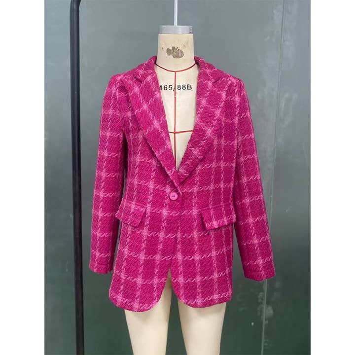 Rose Red Fall Winter Plaid Knit Cardigan Mid-Length Jacket ZK3677 for wholesale on Faire5