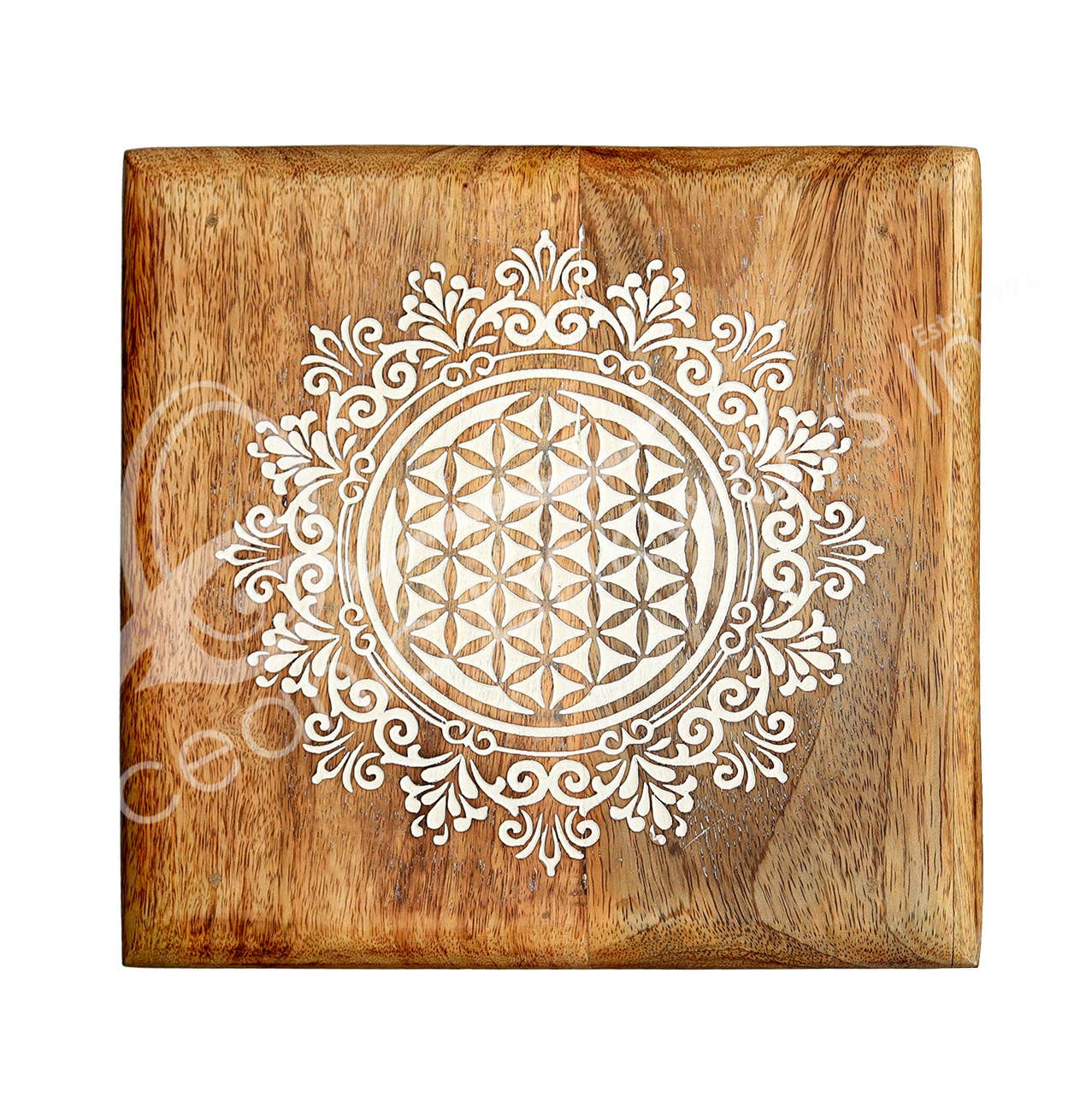 Oceanic Linkways Inc – wholesale Spiritual stone/crystal – (PC)ALTAR TABLE - MANGO WOOD ENGRAVED FLOWER OF LIFE 9 X 8"H2
