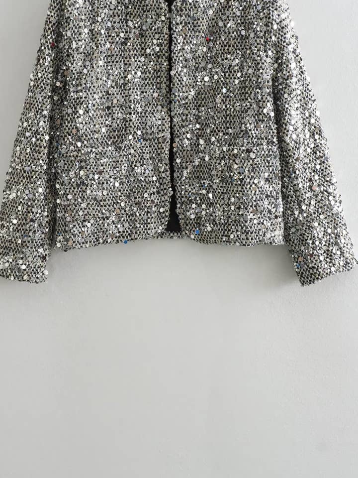 silver sequin tweed bomber jacket for wholesale on Faire