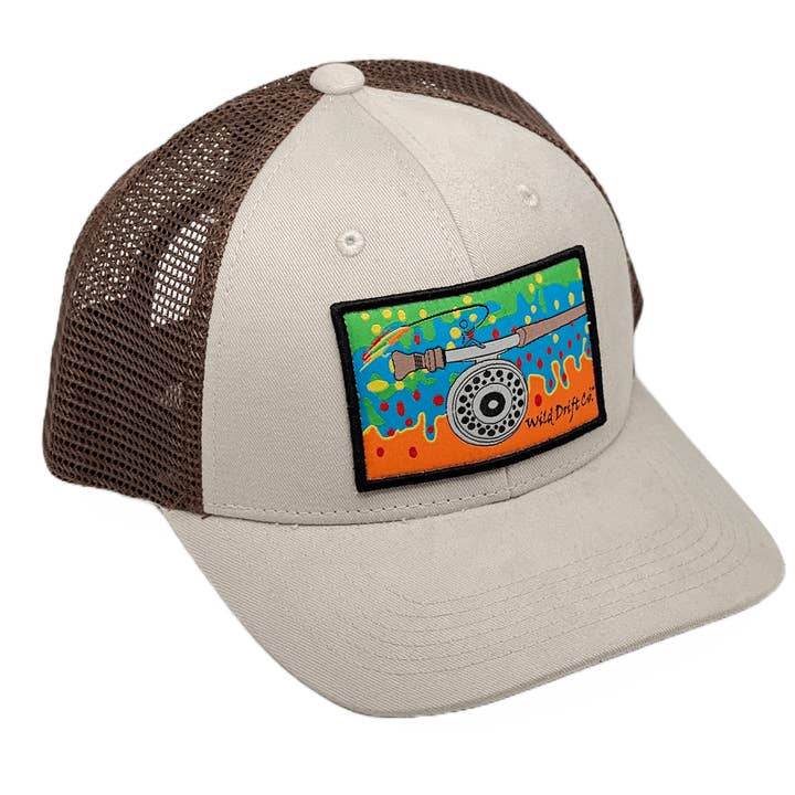 Khaki/Brown Fly Reel Patch Hat for wholesale by Wild Drift Co. (WDC)