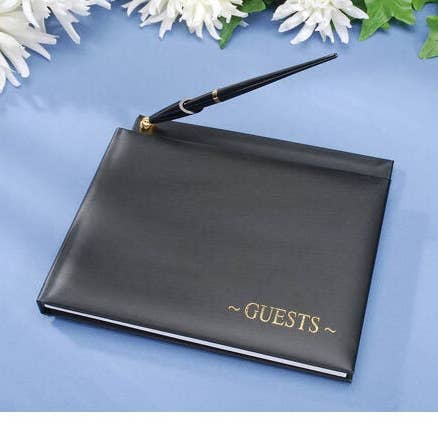 Black & Gold Guest Book with Pen for wholesale by Tremont Floral Supplies