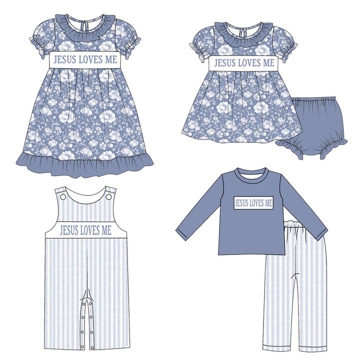 Tenues brodées smockées florales bleues JESUS M'AIME pour enfants frères et sœurs. pour la vente par Auraquise