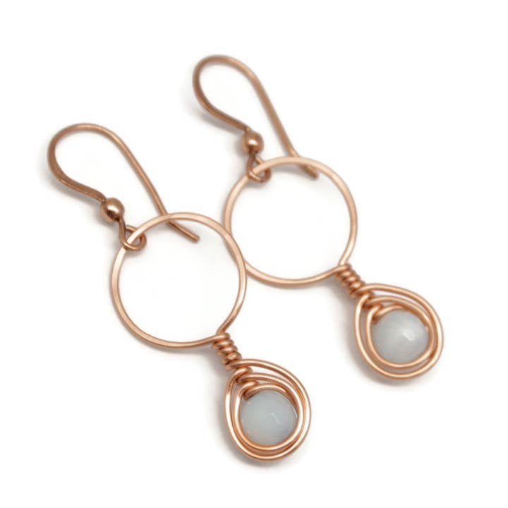 Copper and Aquamarine Gemstone Wire Wrapped Earrings for wholesale by Pillar of Salt Studio