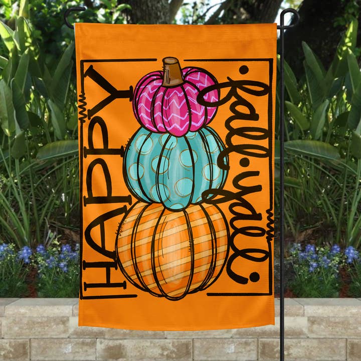 Garden Flag - Happy Fall Yall Orange with Stacked Pumpkins for wholesale by The Spotted Zebras