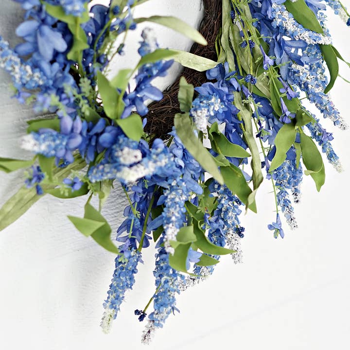 Holiday Depot Inc. - Wholesale Wreath - 35600- 24in Twig Wreath Blue Bonnet Flowers with Heather