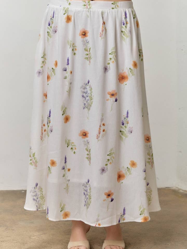 Saia Maxi A-Line com Estampa de Flores Silvestres Plus Size por atacado de Polagram by Wellmade USA