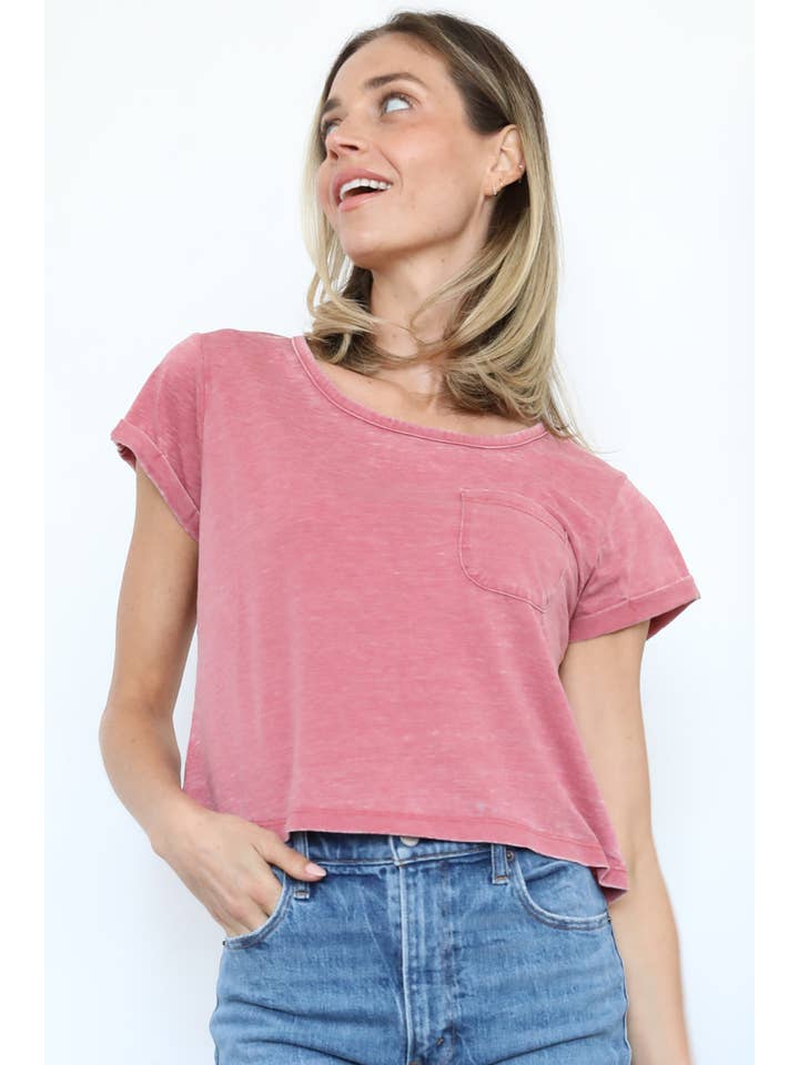 ANGIE - Wholesale T-shirt – women's - X2DF3-HTHR BURNOUT KNIT T SHIRT WITH ONE POCKET4