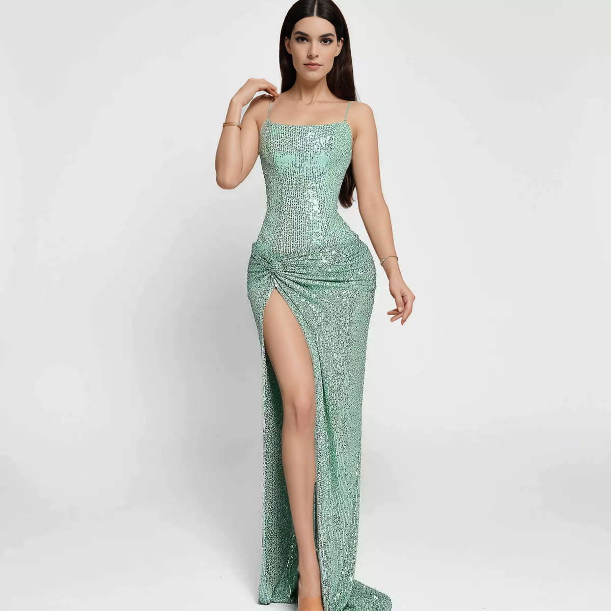 Productseeker - Wholesale Formele jurk - Dames - DR843 Rode Paillettenjurk met Split – Glamoureuze Feestjurk voor de Feestdagen1