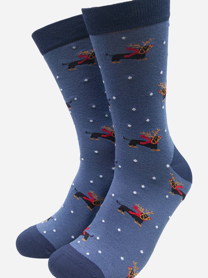 Sock Talk - Venta al por mayor Calcetines - Hombre - Calcetines azules para hombre con estampado de salchichón en cuernos y estampado de bambú