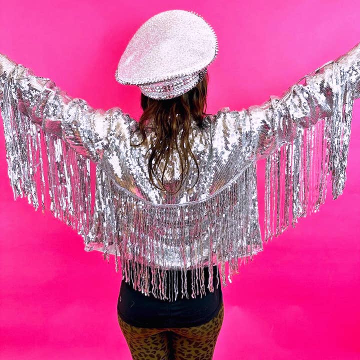 Chaqueta plateada de lentejuelas para mujer con flecos estilo disco vintage para venta al por mayor de Manifestie