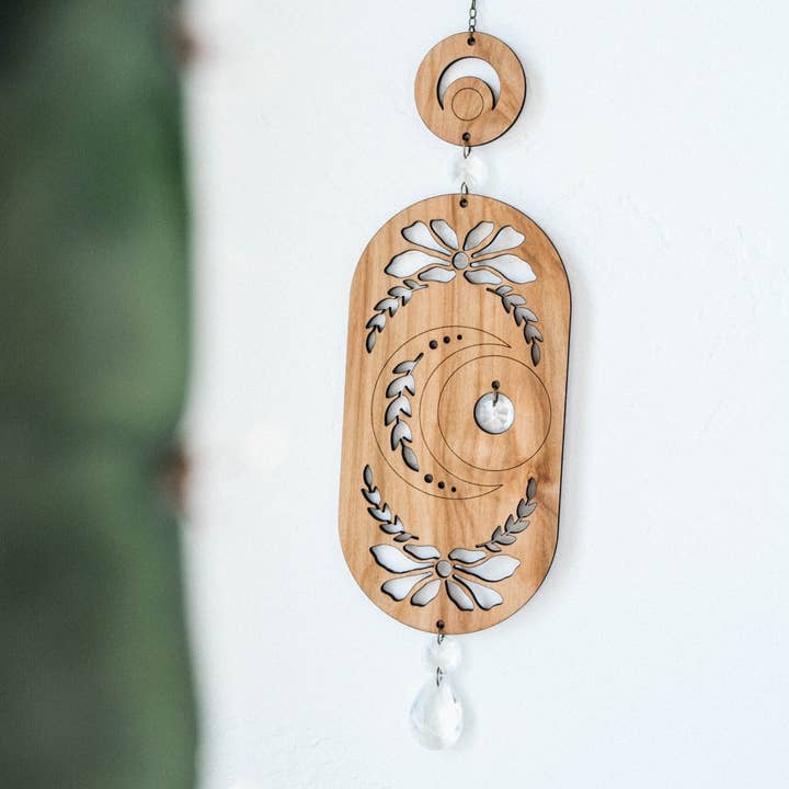 HEX Botanical - Wholesale Suncatcher - Lunar Moon Wooden Wall Hanging Suncatcher w/ Crystal Prisms