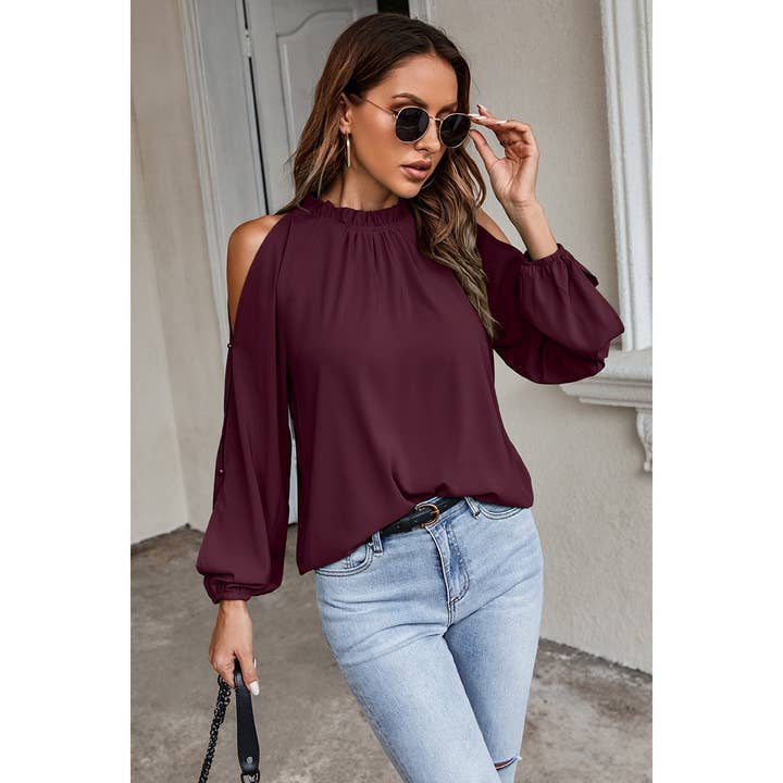 Supreme Fashion - Wholesale Blouse - Women's - Open Shoulder Solid Loose Mock Neck Top1