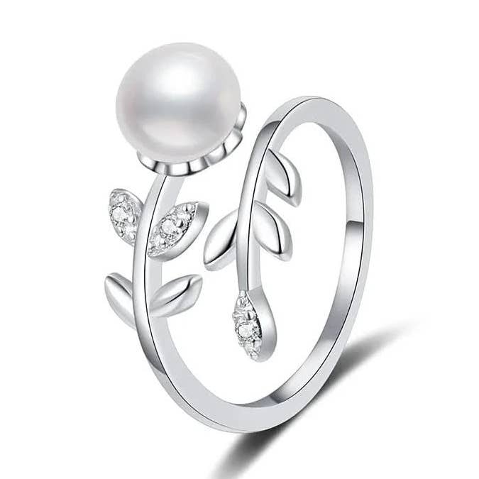 Diamond Leaves Pearls Ring for wholesale by Angel Barocco