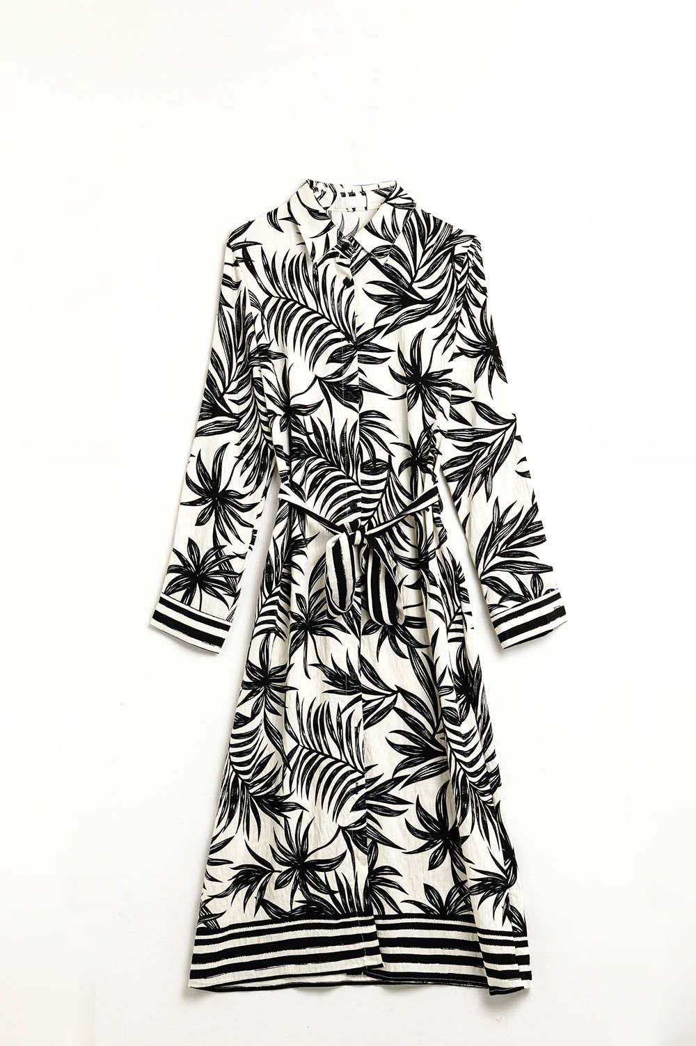 NERO Abito midi a maniche lunghe con motivo tropicale in bianco e nero in vendita all'ingrosso su Faire7