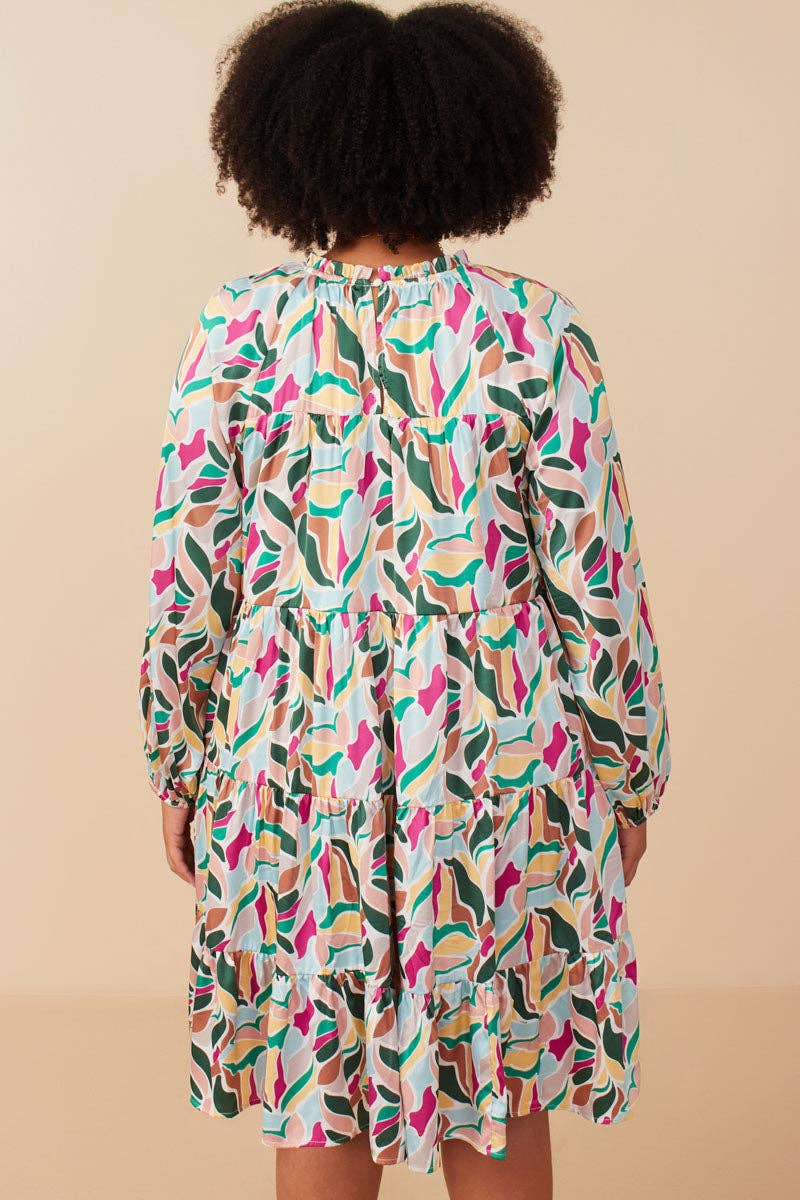 Magenta Mix Womens Abstract Floral Tiered Ruffle Neck Satin Dress for wholesale on Faire11