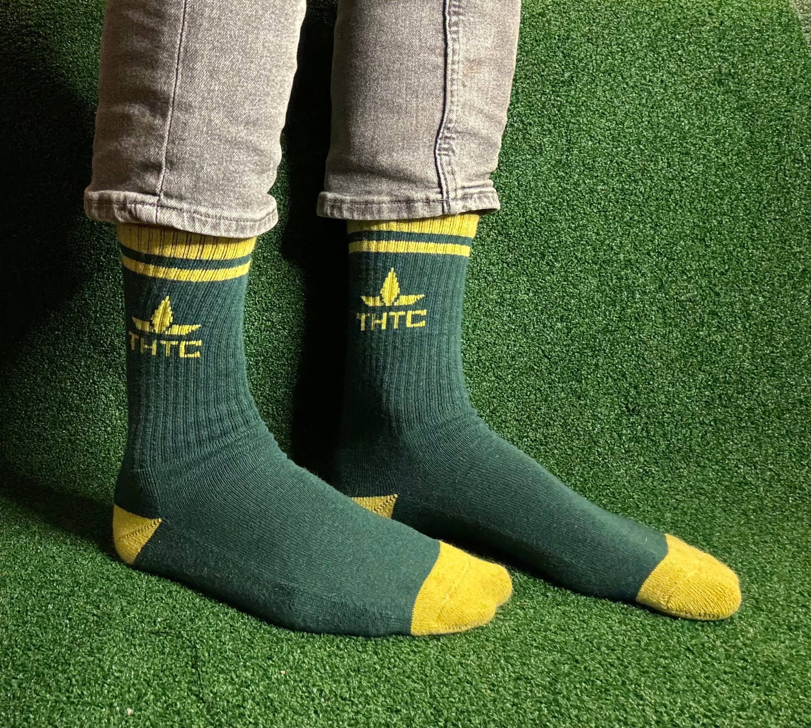 Bottle Green THTC logo Hemp Socks for wholesale on Faire3