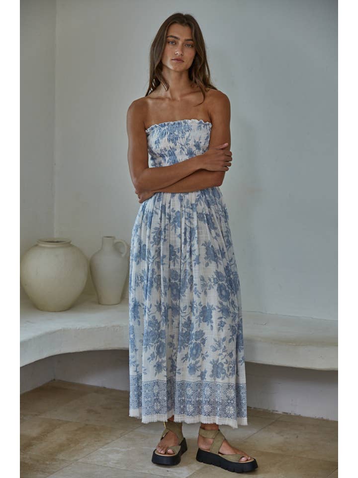 Ivory Blue L9240 | Woven Cotton Rayon Floral Smocked Strapless Midi for wholesale on Faire1