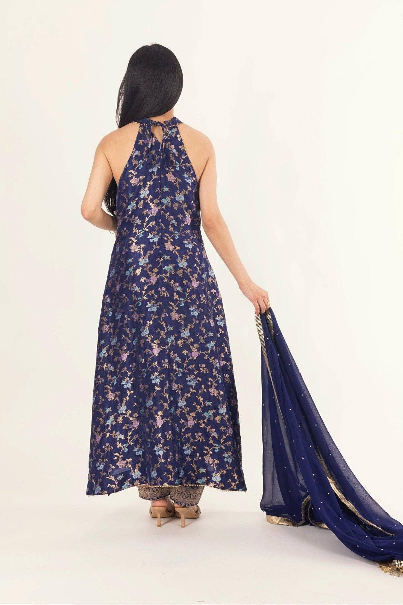 Navy Lazuli Blue Banarasi Silk Salwar Kameez Set with Halter Neck for wholesale on Faire2
