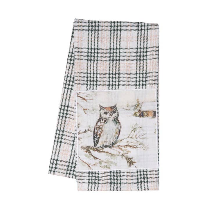 Torchon de cuisine à carreaux avec hibou de Noël en forêt pour la vente par C&F Home