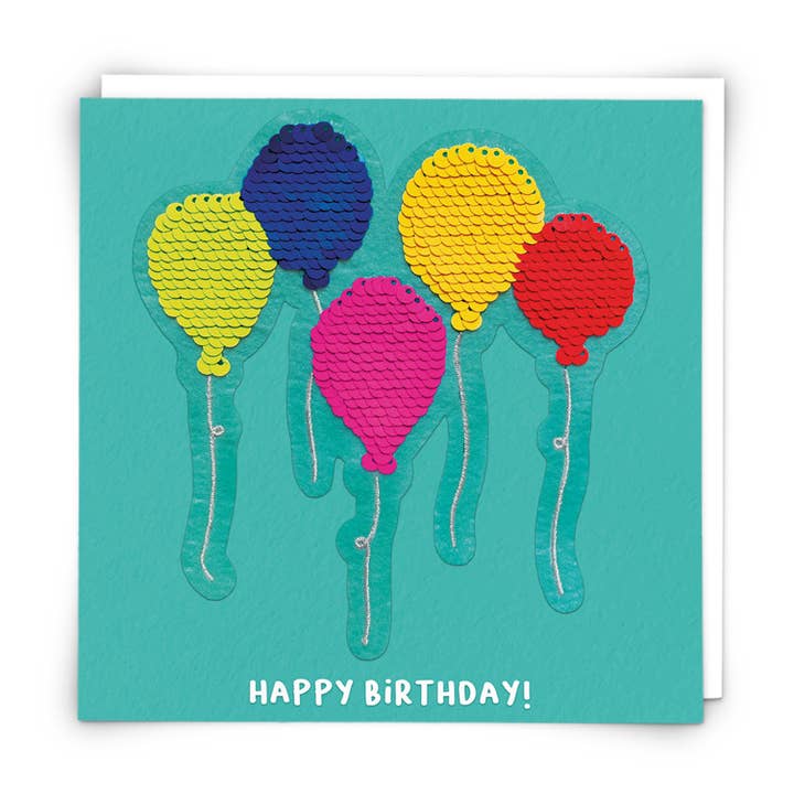 Biglietto di auguri a palloncino con toppa riutilizzabile in paillettes per la vendita all'ingrosso da parte di Redback Cards UK