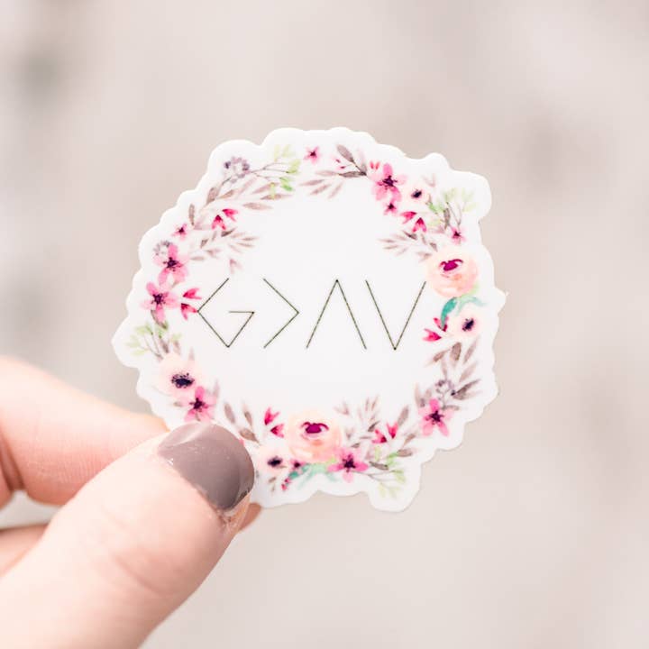 God Is Greater Pink Floral Mini, Vinyl Sticker, 2x2 in. for wholesale by Savannah and James Co