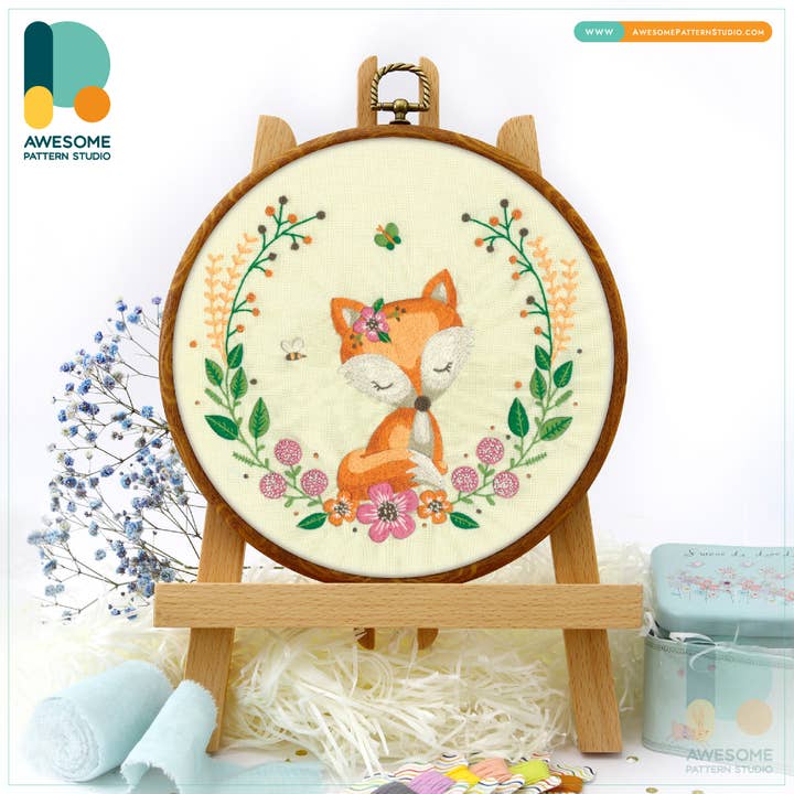 Fox Embroidery Kit for wholesale by Awesome Pattern Studio
