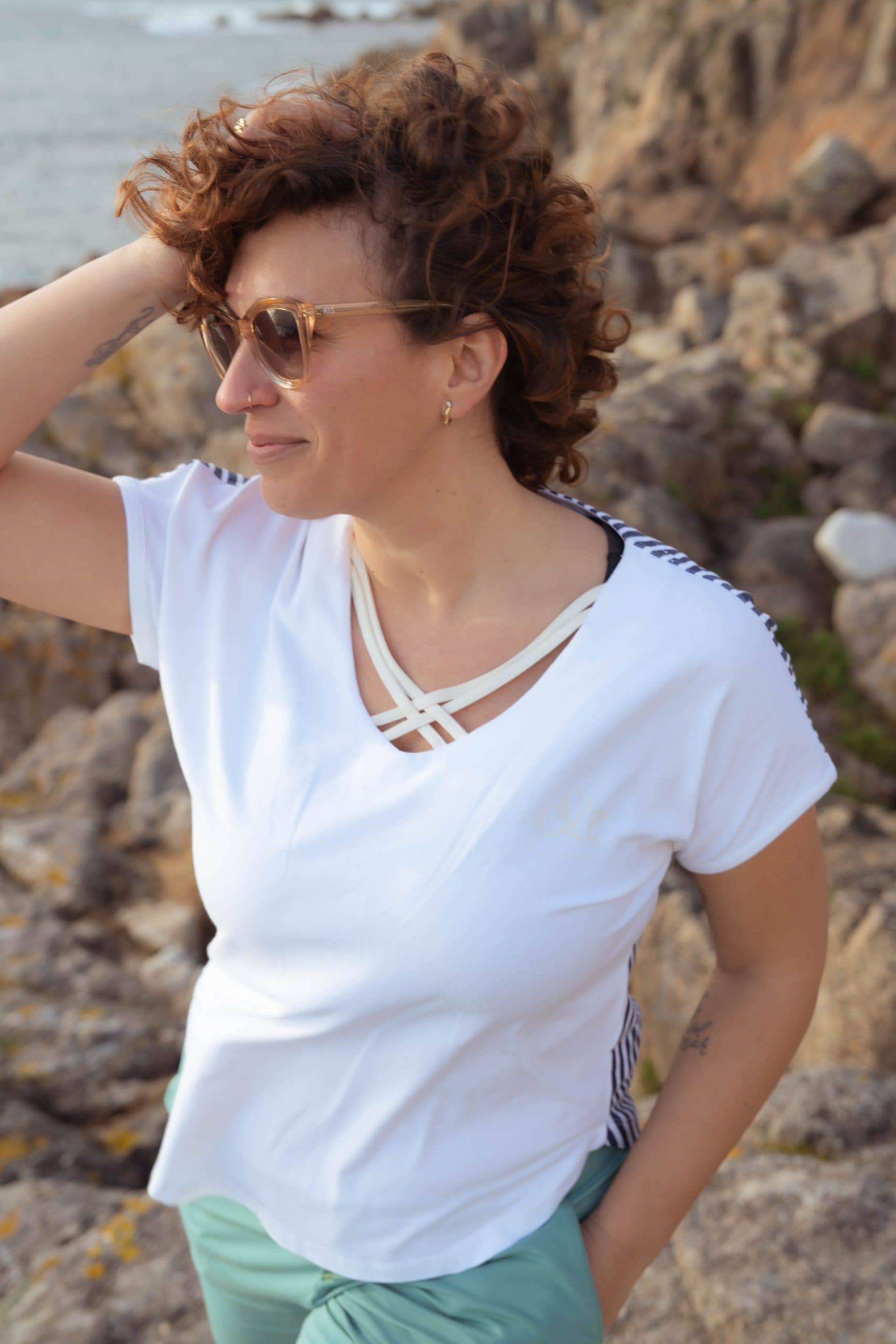 Marine Cross V-Neck T-Shirt - Striped Back for wholesale on Faire2