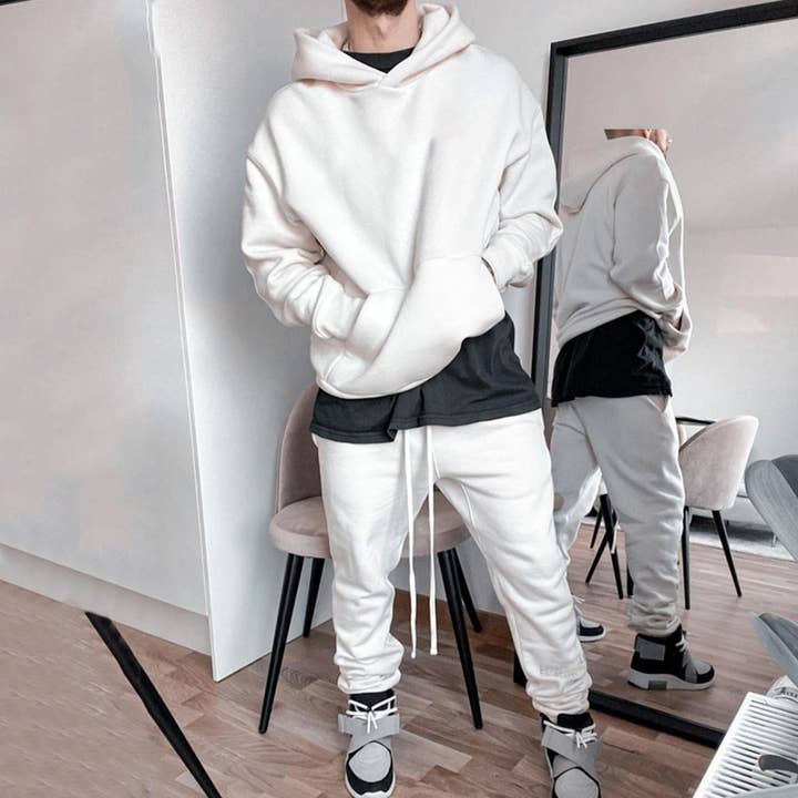 Oversized Plain Color Men's Fleeced White Hoodie Sweatshirt for wholesale on Faire1