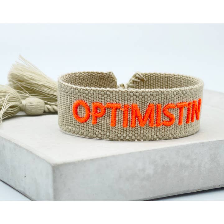 OPTIMISTIN statement bracelet woven, embroidered for wholesale by Parsley & Pepper