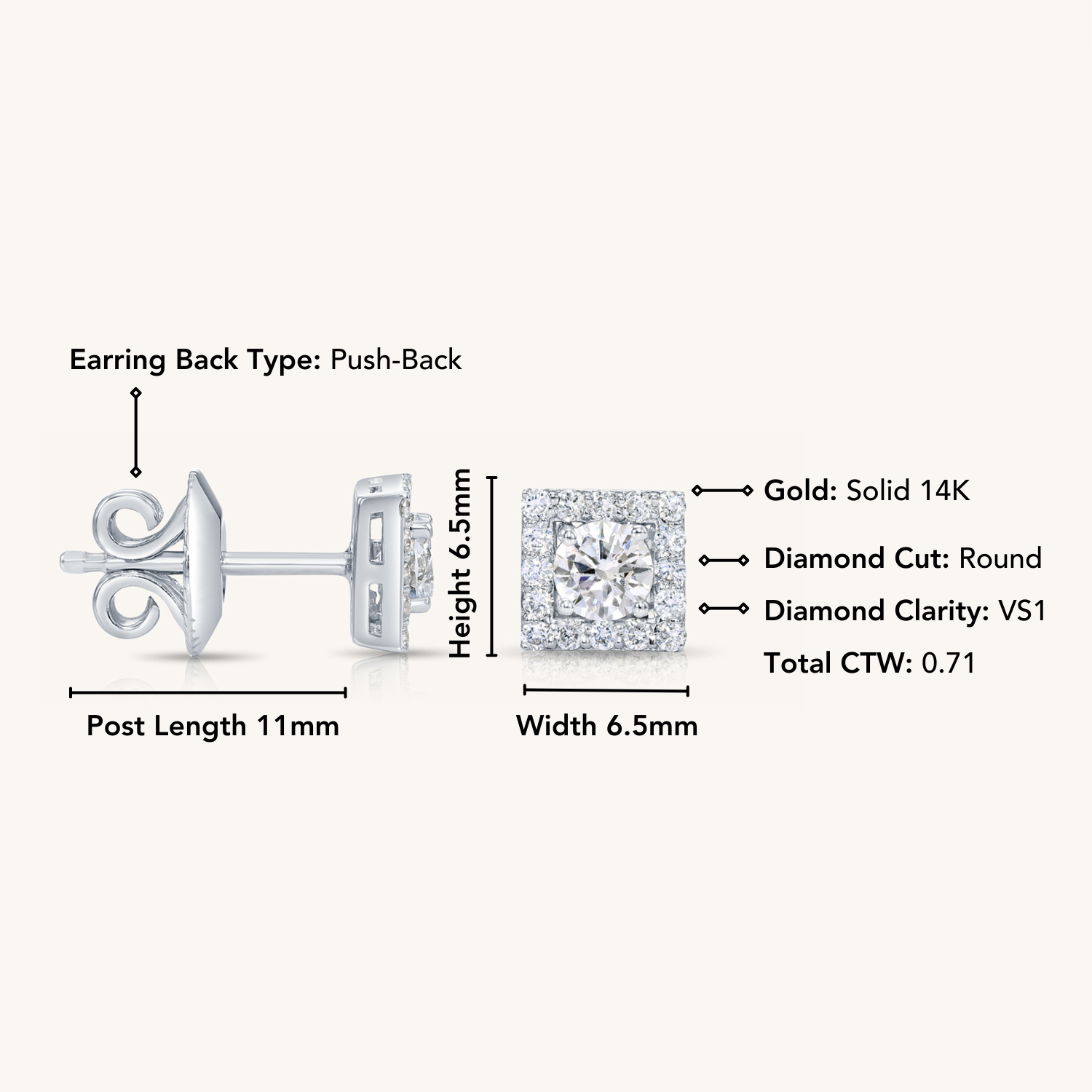 All Diamond Source - Vendita all'ingrosso Orecchini a bottone - Orecchini a lobo quadrati in oro giallo 14K e diamanti1