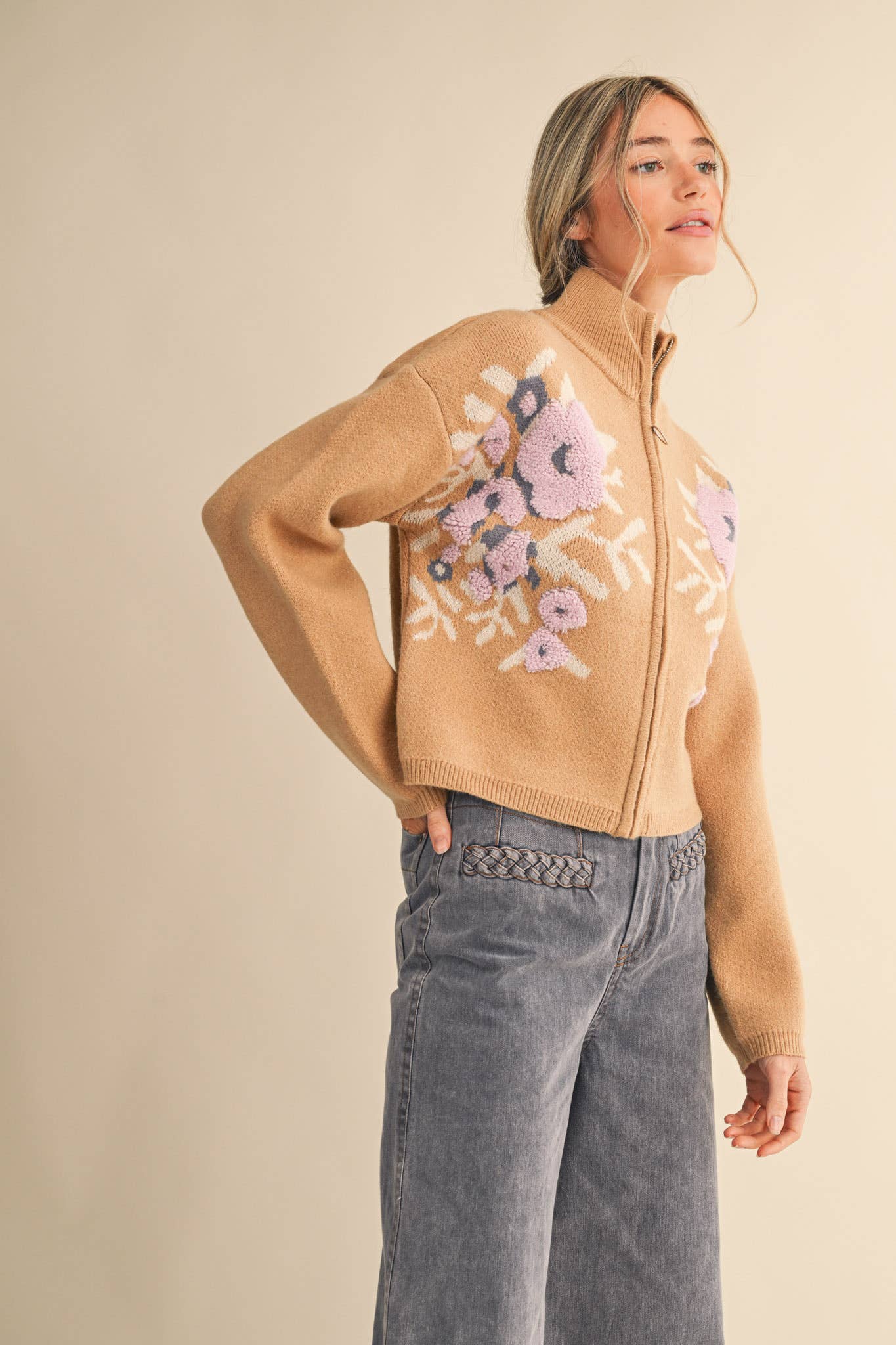 &MERCI - Wholesale Cardigan - Women's - FLORAL ZIP UP SWEATER CARDIGAN MSW1118829