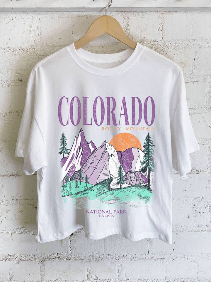 COLORADO ROCKY MOUNTAIN GRAPHIC LONG CROP TOP for wholesale by Rustee Clothing