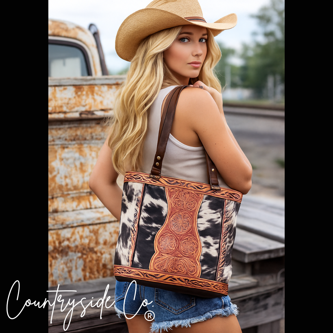 Texas Western Cowhide Bags and More – wholesale Tote bag – Women's – Lucille Tooled Leather Cowhide Tote, Purse1