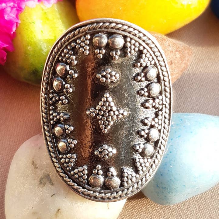 925 Sterling Silver Oxidized Boho Oval Handmade Ring for wholesale by Rishi Jewelry